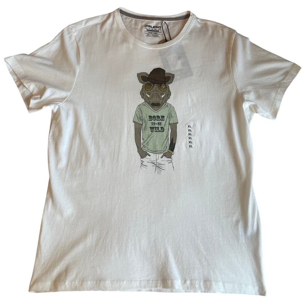 NWT Blend Men's Hipster Boar "Born to be Wild" Graphic White Short Sleeve Tee XL